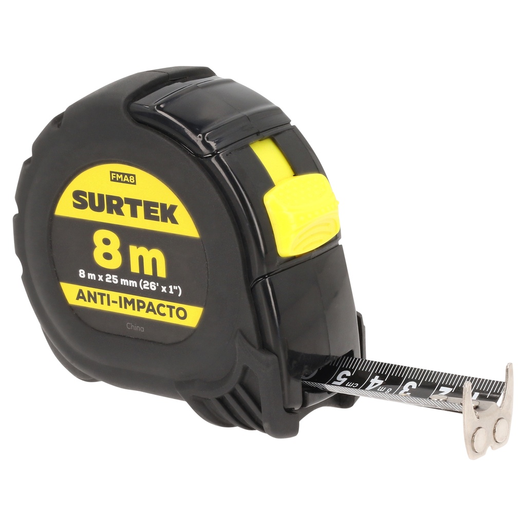 Flexómetro con carcasa anti-impacto cinta color negro 8 m x 25 mm Surtek