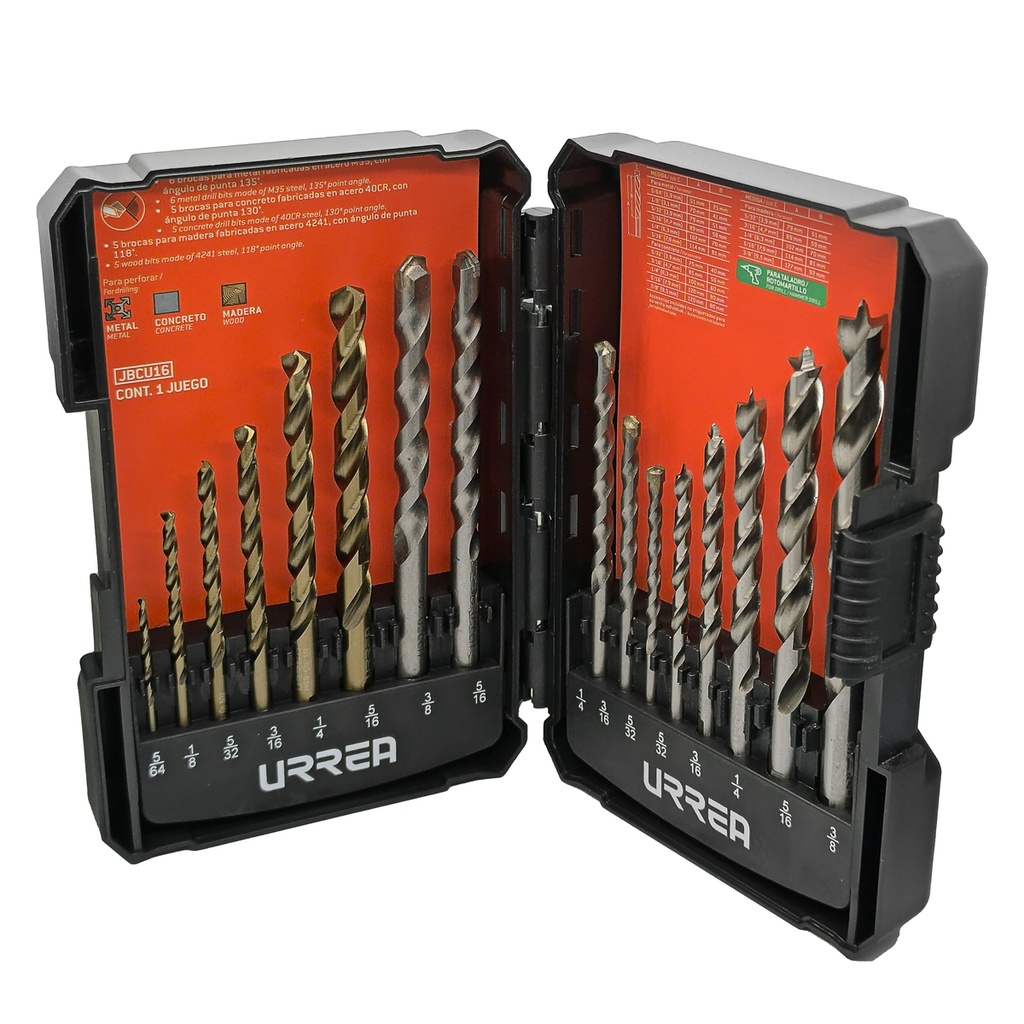 Juego combinado de brocas para metal, concreto y madera, 16 piezas Urrea