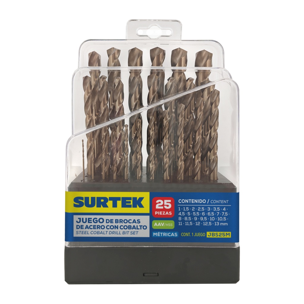 Juego de brocas con cobalto de acero de alta velocidad métricas zanco recto, 25 piezas Surtek
