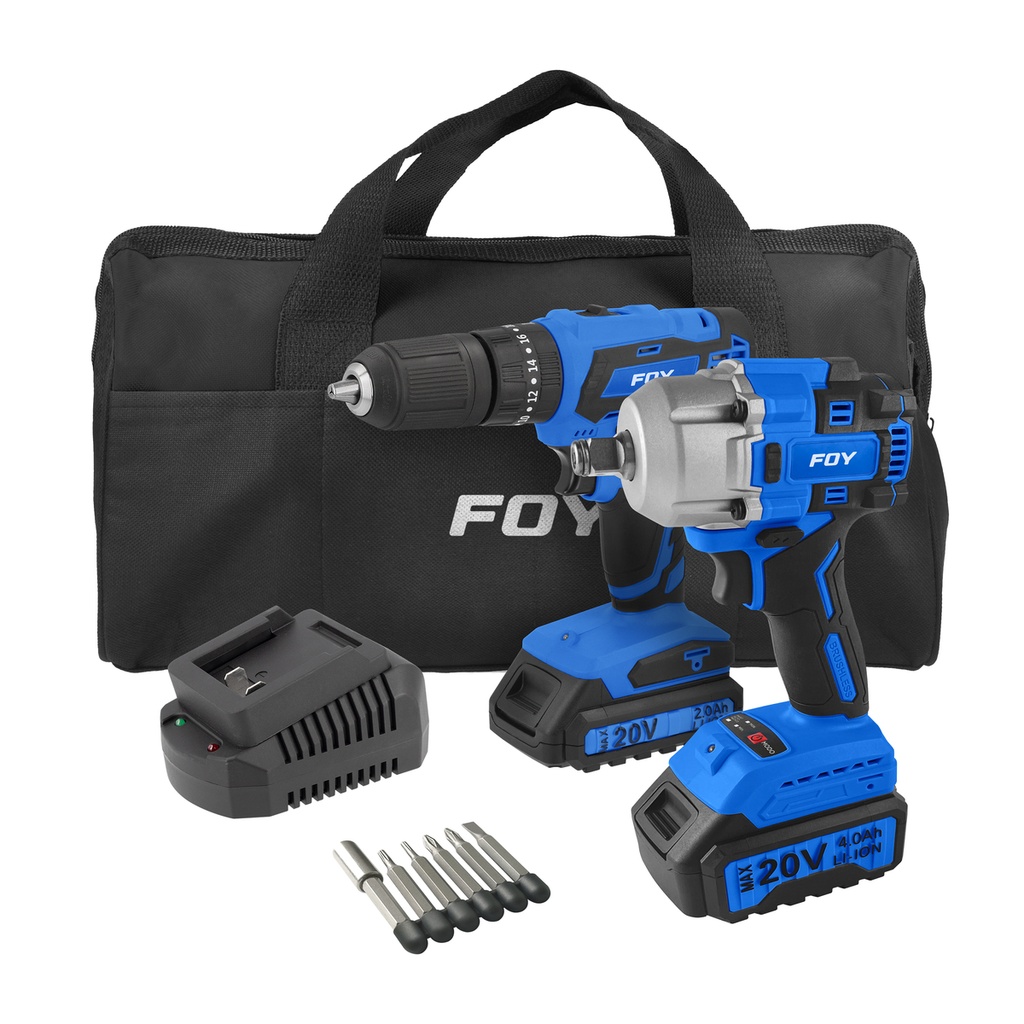 Juego de rotomartillo y pistola de impacto a batería Li-ion 20 V, 2 piezas en mochila Foy
