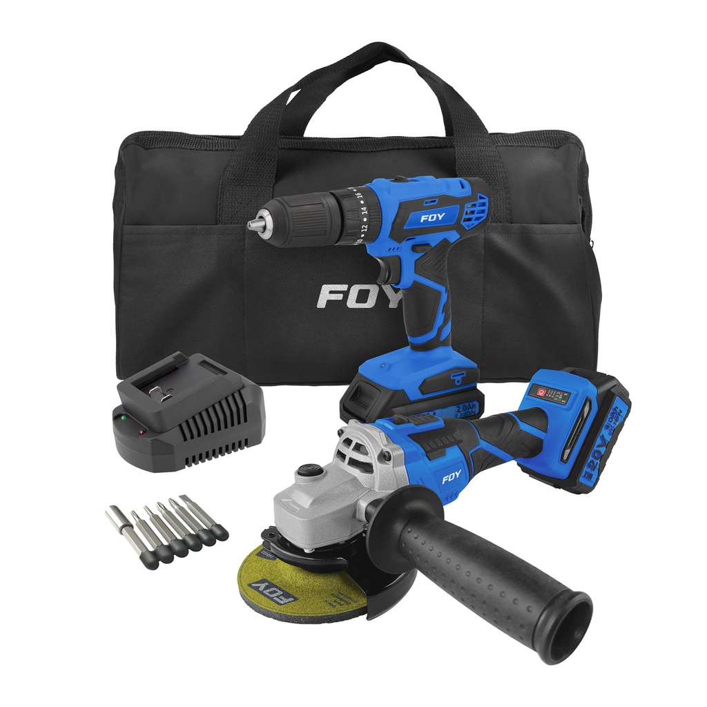Juego de rotomartillo y esmeriladora a batería Li-ion 20 V, 2 piezas en mochila Foy