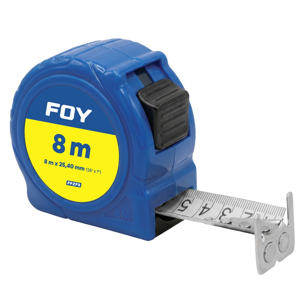 Flexómetro con carcasa de plástico color azul, 8 m x 25 mm Foy