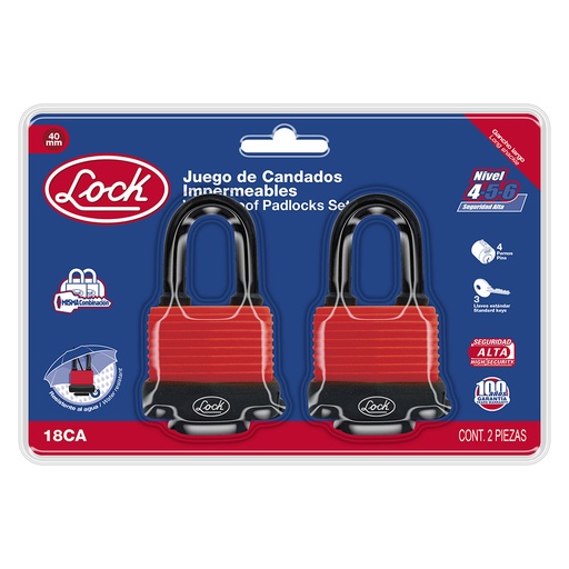 [18CA] Juego de candados impermeables largos 40 mm, llave estándar, 2 piezas Lock