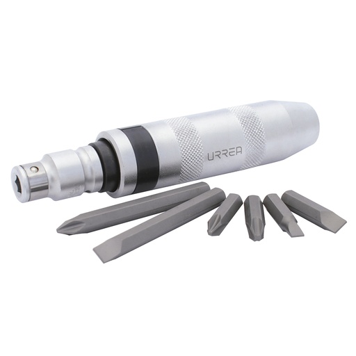 [70999A] Juego de destornillador de golpe con puntas intercambiables, 8 piezas en caja plástica Urrea