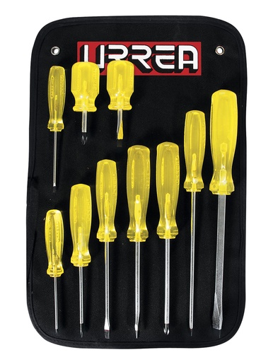 [JBUD02] Juego de destornilladores con mango ámbar combinados, 10 piezas en estuche Urrea