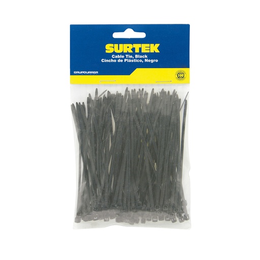 [114205] Cinchos plásticos 150 x 3.6 mm, tensión 18 kg de 50 piezas, color negro Surtek