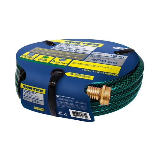 [M12T10] Manguera para jardín tramada verde con conector metálico 1/2", 10 m Surtek