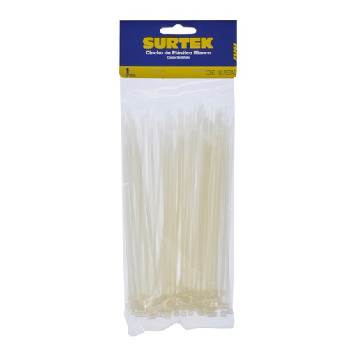 [114200] Cinchos plásticos 100 x 2.5 mm, tensión 8 kg de 100 piezas, color natural Surtek