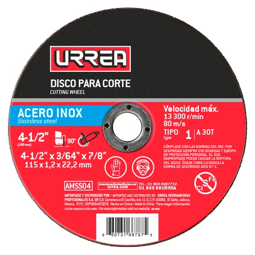 [AMSS07] Disco abrasivo tipo 1 para acero inoxidable 7" x 5/64" Urrea
