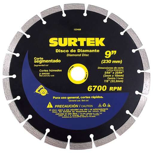[123468] Disco de diamante segmentado, 9" Surtek