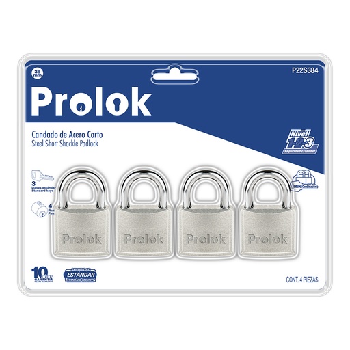 [P22S384] Juego de candados de acero cortos 38 mm, llave estándar, 4 piezas Prolok