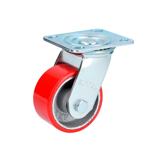 [RP10G] Rodaja de fierro con poliuretano rojo giratoria 4" Surtek