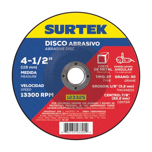 [123325] Disco abrasivo tipo 27 para metal 4-1/2" x 1/8" Surtek
