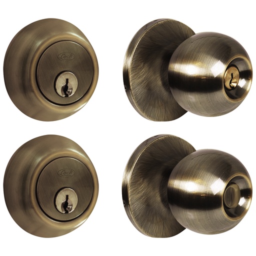 [12CB] Combo de pomo tubulares de bola función doble, latón antiguo, llave estándar, blíster Lock