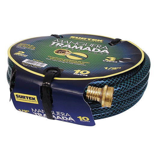 [M12T15] Manguera para jardín tramada verde con conector metálico 1/2", 15 m Surtek