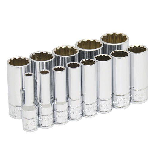 [52112] Juego de dados largos cuadro de 3/8", 12 puntas, en pulgadas, 13 piezas Urrea