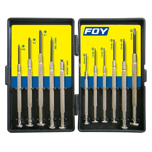 [141617] Juego de destornilladores de precisión combinados, 11 piezas en caja plástica Foy