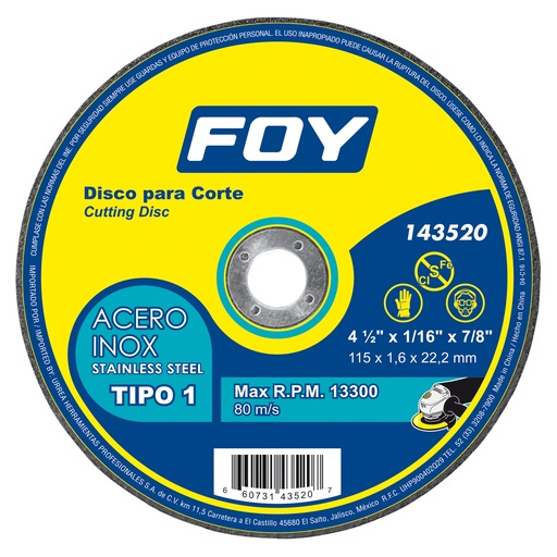 [143520] Disco abrasivo tipo 1 para metal  4-1/2" x 1.6 mm Foy