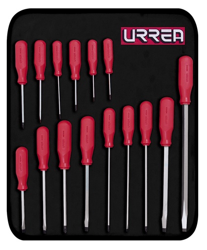 [9600ER] Juego de destornilladores con mango rojo, combinados, 15 piezas en estuche Urrea