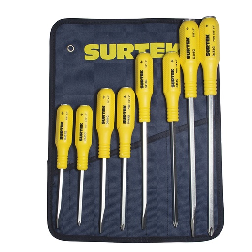 [D400G] Juego de destornilladores con mango amarillo de golpe combinados, 8 piezas en estuche Surtek
