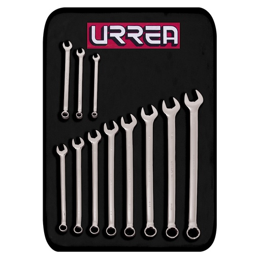 [1200AL] Juego de llaves combinadas extra largas pulido espejo en pulgadas, 12 pts,11 pz en estuche Urrea