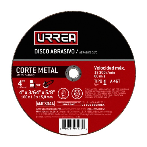 [AMCS04A] Disco abrasivo tipo 1 para metal 4" x 3/64" Urrea