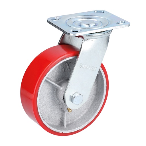 [RP15G] Rodaja de fierro con poliuretano rojo giratoria 6" Surtek