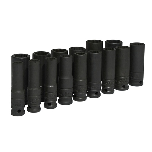 [74203] Juego de dados largos de impacto cuadro de 1/2", 12 puntas, métricos, 15 piezas Urrea