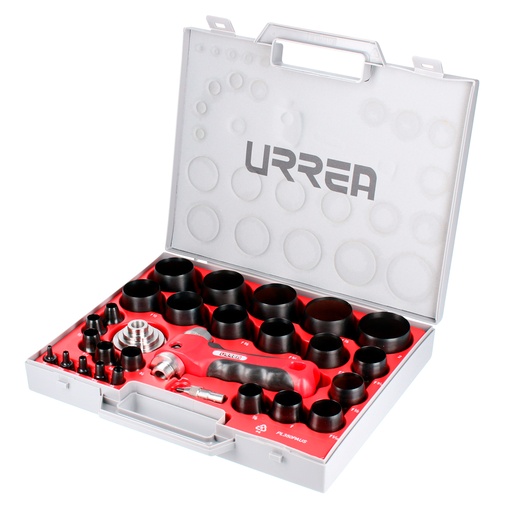 [49902A] Juego de sacabocados con mango adaptador ergonónico de 1/8" a 2", 28 piezas Urrea