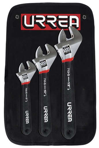 [795G] Juego de llaves ajustables cromadas con mango Rubber Grip, 3 piezas en estuche Urrea