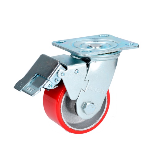 [RP10B] Rodaja de fierro con poliuretano rojo giratoria con freno 4" Surtek