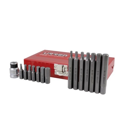 [J2415] Juego de puntas hexagonales hexágono de 3/8" in, con adaptador, 15 pz en caja metalica Urrea