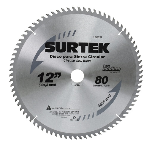 [120632] Disco para sierra circular para corte madera 80 dientes, 12" Surtek