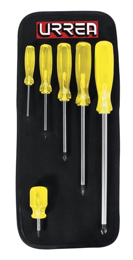 [9600A] Juego de destornilladores con mango ámbar punta Phillips, 6 piezas en estuche Urrea