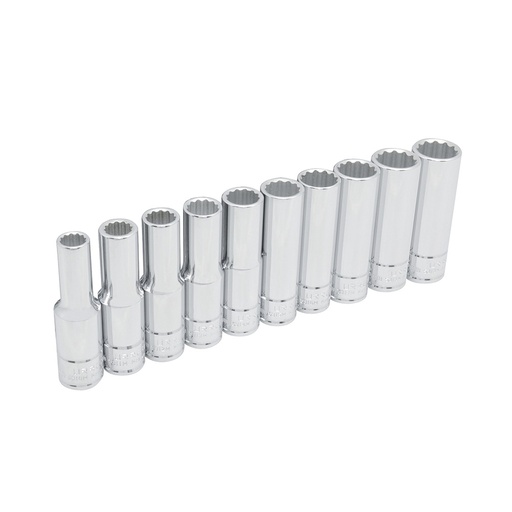 [54215] Juego de dados largos cuadro de 1/2", 12 puntas, métricos, en riel, 10 piezas Urrea