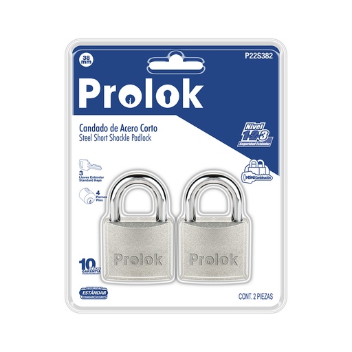 [P22S382] Juego de candados de acero cortos 38 mm, llave estándar, 2 piezas Prolok