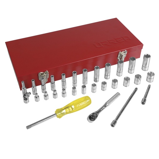 [47206] Juego de dados y accesorios cuadro de 1/4" métrico, 30 piezas Urrea