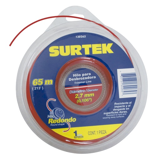 [130265] Nailon redondo para desbrozadora doble blíster, 2.7 mm x 65 m Surtek