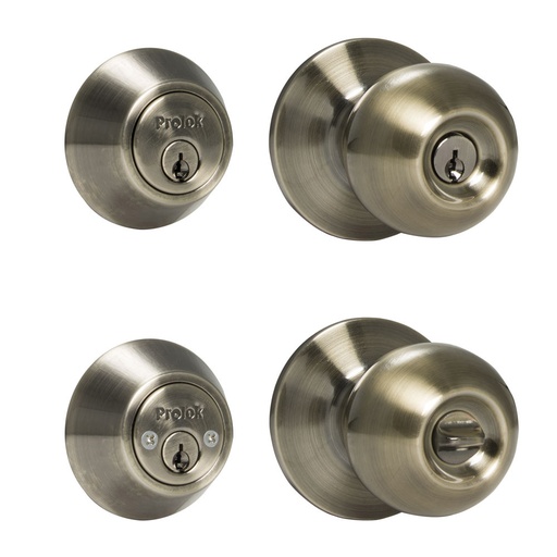 [MY-CT5362BOLA-US5] Combo de pomo tubular bola función doble, latón antiguo, llave estándar, blíster Prolok