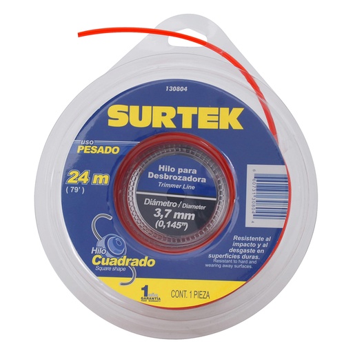 [130804] Nailon cuadrado para desbrozadora, 3.7 mm x 24 m Surtek