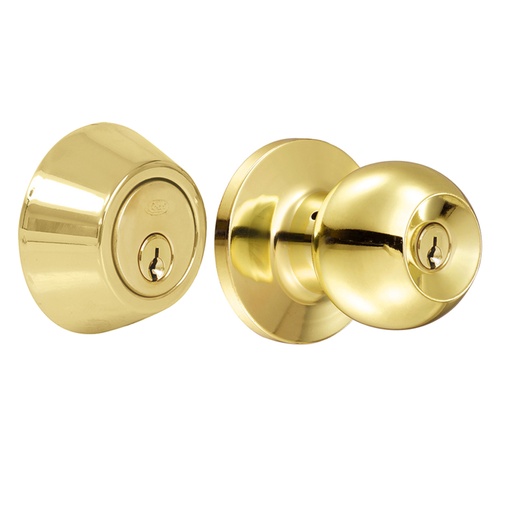 [15CB] Combo de pomo tubulares de bola función sencilla, latón brillante, llave estándar, blíster Lock