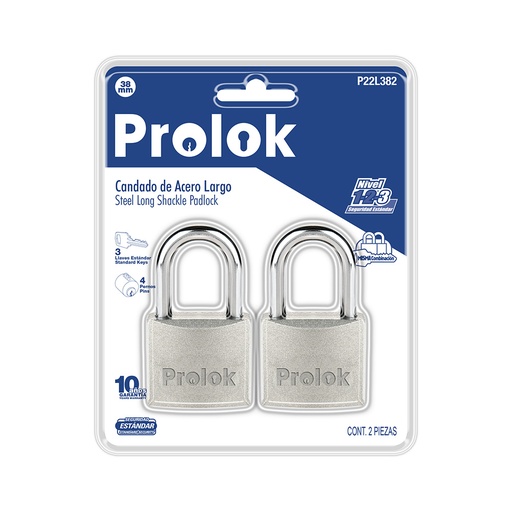 [P22L382] Juego de candados de acero largos 38 mm, llave estándar, 2 piezas Prolok