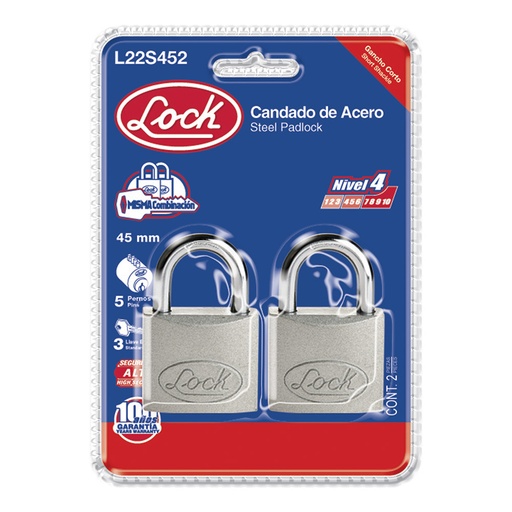 [L22S452] Juego de candados de acero cortos 45 mm, llave estándar, 2 piezas Lock