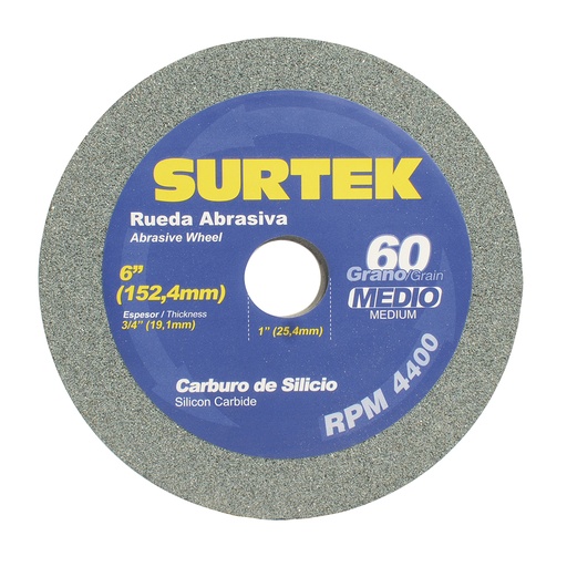 [128030] Rueda abrasiva de carburo de silicio verde grano 60, 6" x 3/4" Surtek