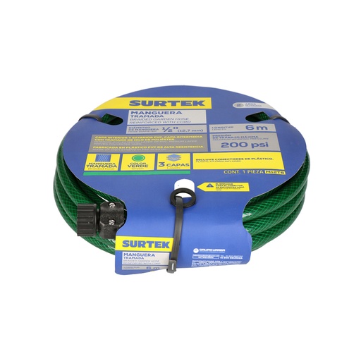 [M12T6] Manguera para jardín tramada verde con conector plástico 1/2", 6 m Surtek