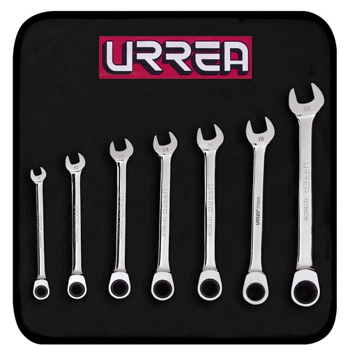 [1200MCM] Juego de llaves combinadas pulido espejo de matraca mét, 12 puntas, 7 piezas en estuche Urrea