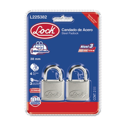 [L22S382] Juego de candados de acero cortos 38 mm, llave estándar, 2 piezas Lock