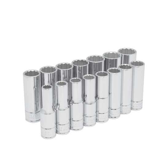 [54207] Juego de dados largos cuadro de 1/2", 12 puntas, métricos, 15 piezas Urrea