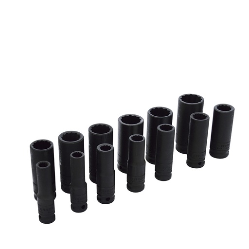 [74103] Juego de dados largos de impacto cuadro de 1/2", 12 puntas, en pulgadas, 13 piezas Urrea