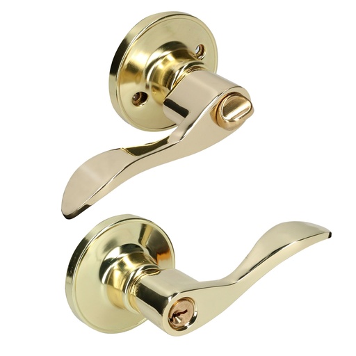 [18MA] Manija tubular curva función entrada y recámara, latón brillante, llave estándar, blíster Lock